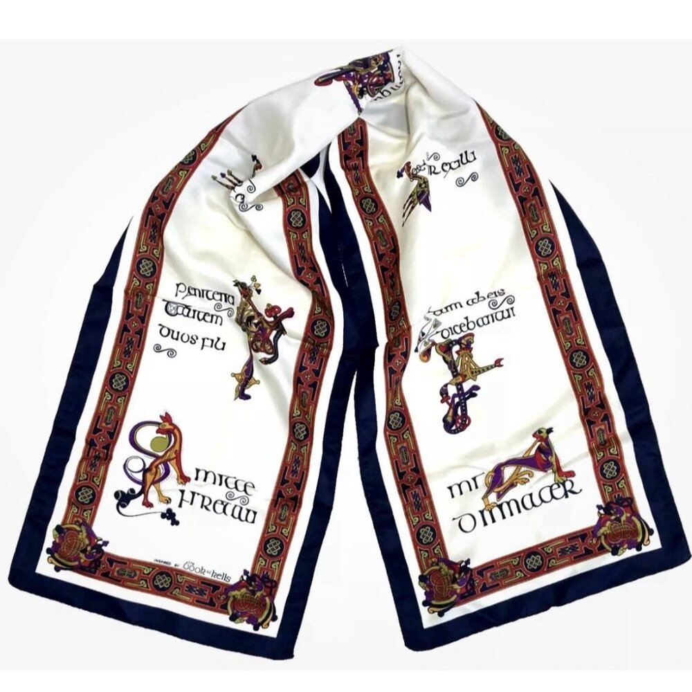 THE  BOOK Of KELLS‎ IRISH INSPIRED LONG SCARF, BLUE TRIM,  12 X 52